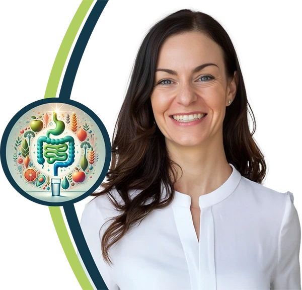 SE-hero-banner-600-III Sabina Empl - Gründerin DarmGesund Akademie lächelt in die Kamera im weissen Hemd. Daneber eine Illustration über Darmgesundheit